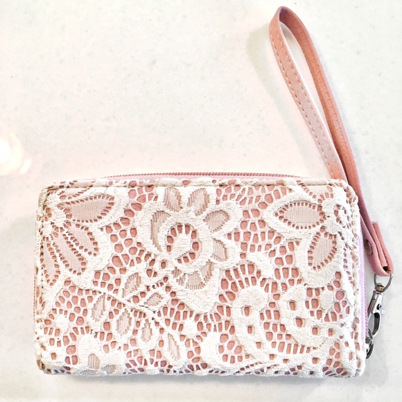3/$12 Darling pink with white lace wristlet wallet - Picture 1 of 3